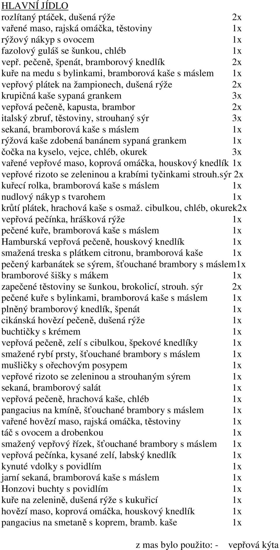 zbruf, těstoviny, strouhaný sýr sekaná, bramborová kaše s máslem rýžová kaše zdobená banánem sypaná grankem čočka na kyselo, vejce, chléb, okurek vařené vepřové maso, koprová omáčka, houskový knedlík