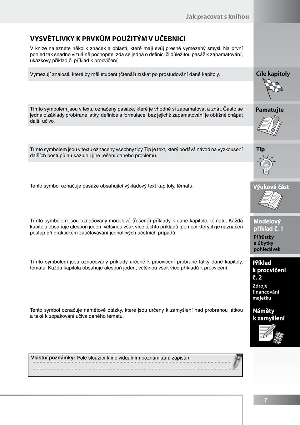 Vymezují znalosti, které by měl student (čtenář) získat po prostudování dané kapitoly. Cíle kapitoly Tímto symbolem jsou v textu označeny pasáže, které je vhodné si zapamatovat a znát.