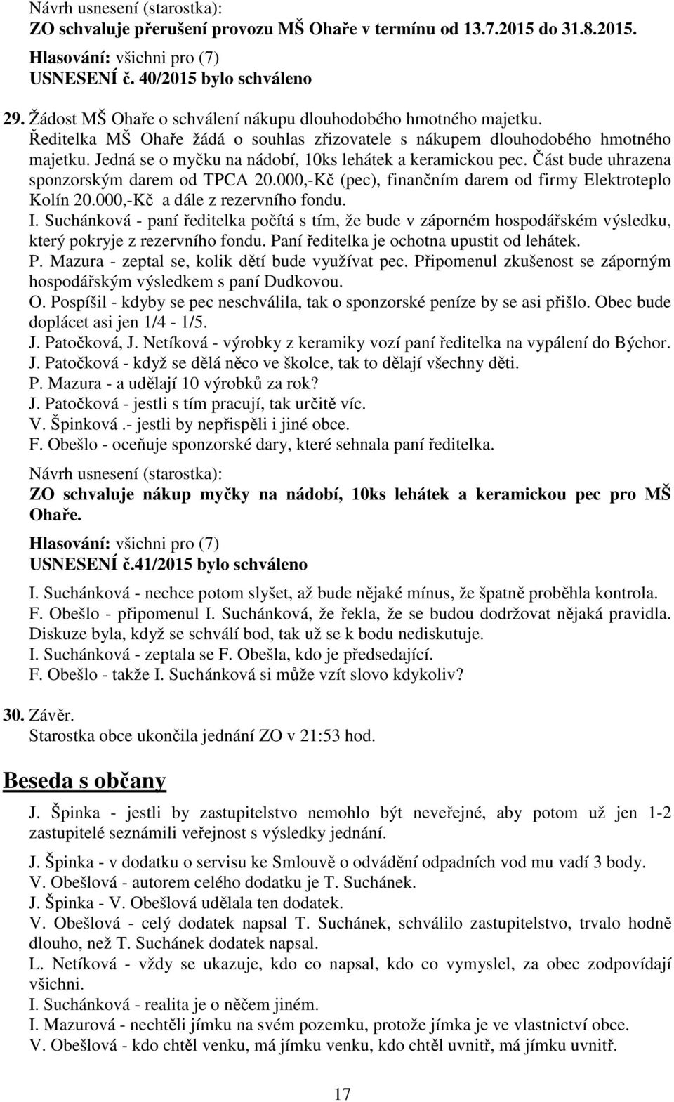 000,-Kč (pec), finančním darem od firmy Elektroteplo Kolín 20.000,-Kč a dále z rezervního fondu. I.