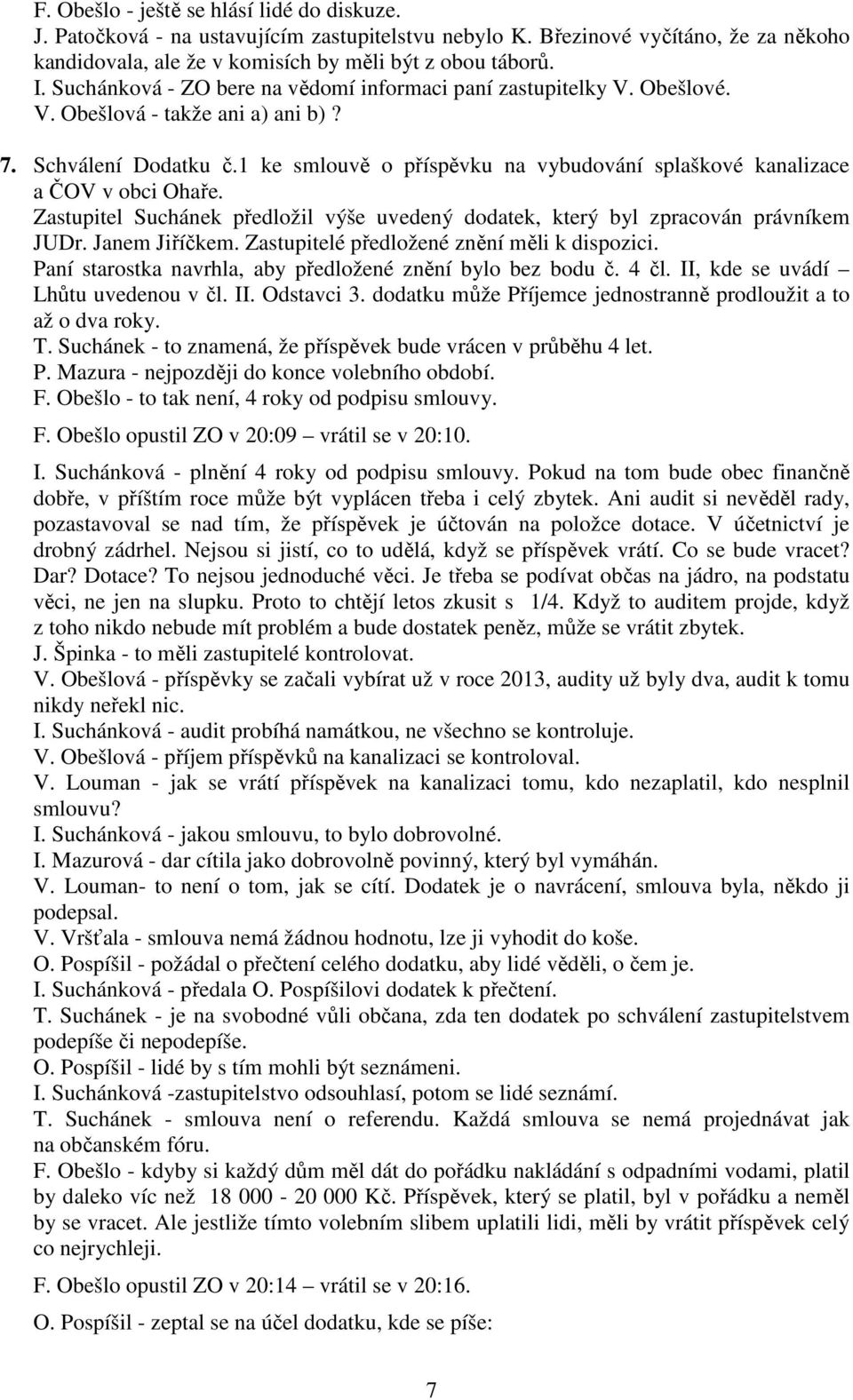 1 ke smlouvě o příspěvku na vybudování splaškové kanalizace a ČOV v obci Ohaře. Zastupitel Suchánek předložil výše uvedený dodatek, který byl zpracován právníkem JUDr. Janem Jiříčkem.