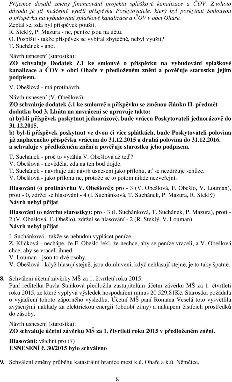 Steklý, P. Mazura - ne, peníze jsou na účtu. O. Pospíšil - takže příspěvek se vybíral zbytečně, nebyl využit? T. Suchánek - ano. ZO schvaluje Dodatek č.