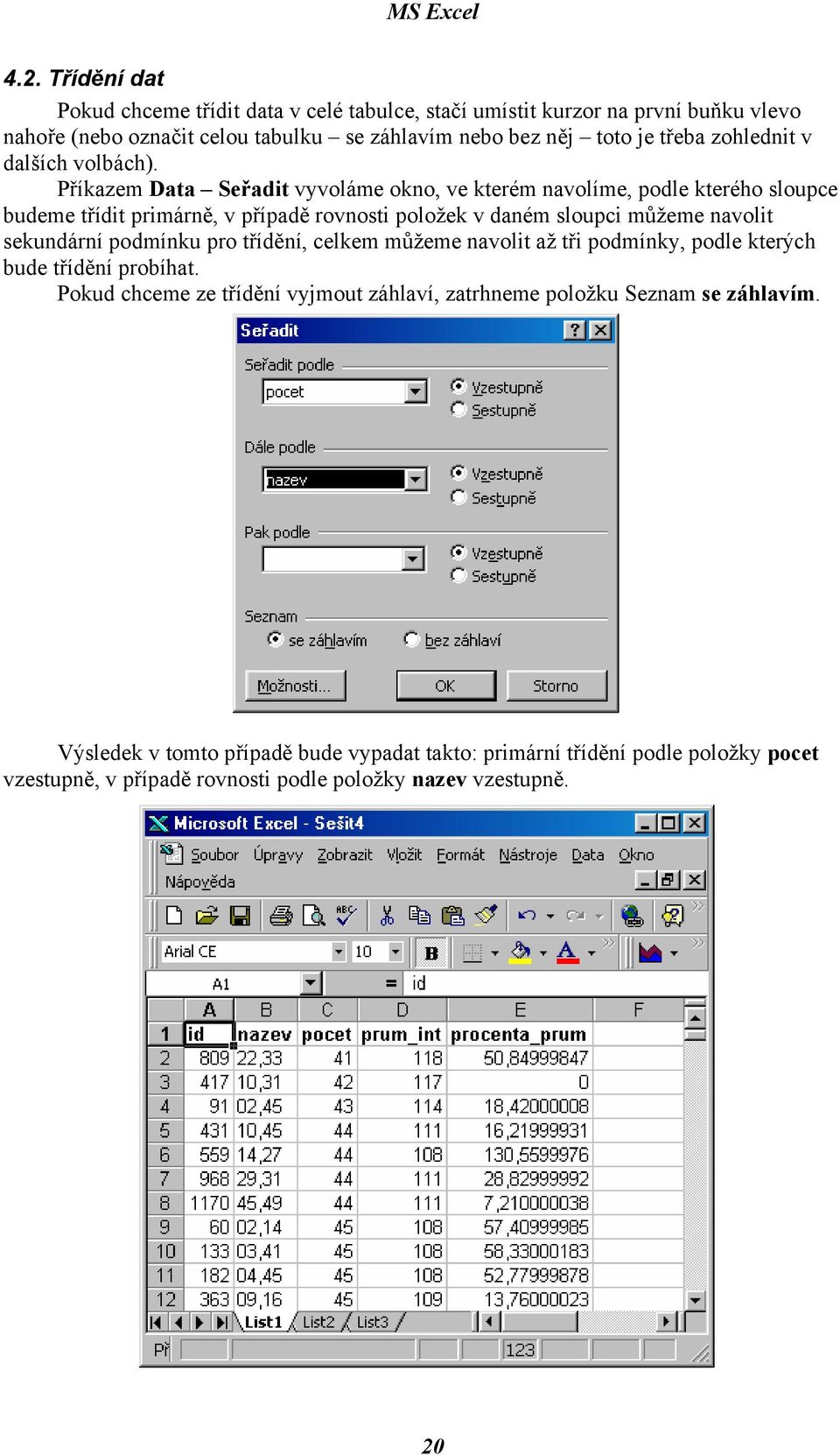 Příkazem Data Seřadit vyvoláme okno, ve kterém navolíme, podle kterého sloupce budeme třídit primárně, v případě rovnosti položek v daném sloupci můžeme navolit sekundární