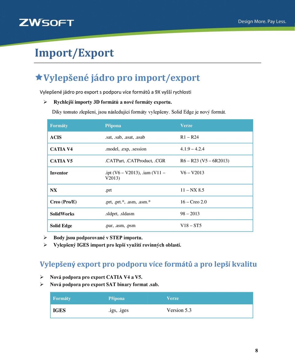 CATProduct,.CGR R6 R23 (V5 6R2013) Inventor.ipt (V6 V2013),.iam (V11 V6 V2013 V2013) NX.prt 11 NX 8.5 Creo (Pro/E).prt,.prt.*,.asm,.asm.* 16 Creo 2.0 SolidWorks.sldprt,.sldasm 98 2013 Solid Edge.par,.