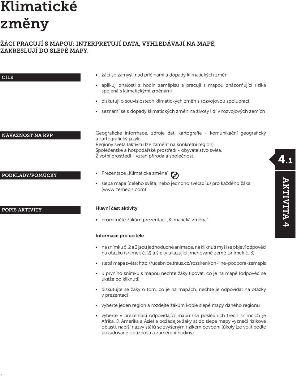 klimatických změn s rozvojovou spoluprací seznámí se s dopady klimatických změn na životy lidí v rozvojových zemích NÁVAZNOST NA RVP Geografické informace, zdroje dat, kartografie - komunikační
