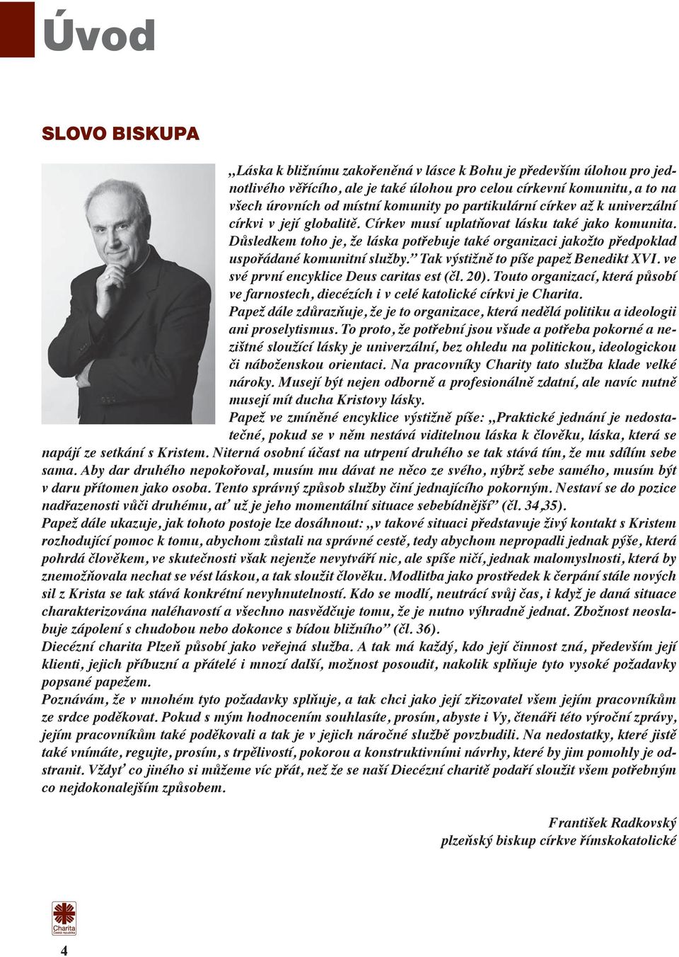 Důsledkem toho je, že láska potřebuje také organizaci jakožto předpoklad uspořádané komunitní služby. Tak výstižně to píše papež Benedikt XVI. ve své první encyklice Deus caritas est (čl. 20).