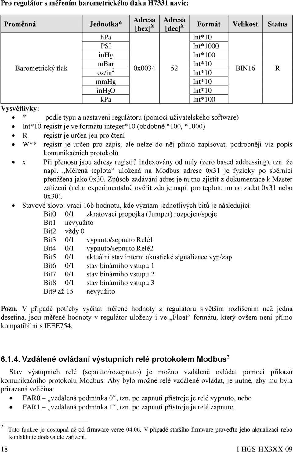 (obdobně *100, *1000) R registr je určen jen pro čtení W** registr je určen pro zápis, ale nelze do něj přímo zapisovat, podrobněji viz popis komunikačních protokolů x Při přenosu jsou adresy