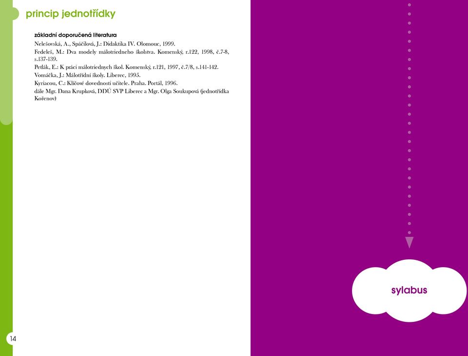 Komenský, r.121, 1997, č.7/8, s.141-142. Vomáčka, J.: Málotřídní školy. Liberec, 1995. Kyriacou, C.