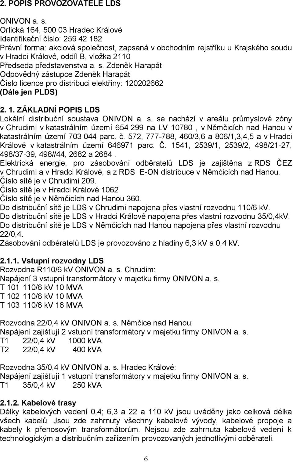 představenstva a. s. Zdeněk Harapát Odpovědný zástupce Zdeněk Harapát Číslo licence pro distribuci elektřiny: 120202662 (Dále jen PLDS) 2. 1. ZÁKLADNÍ POPIS LDS Lokální distribuční soustava ONIVON a.