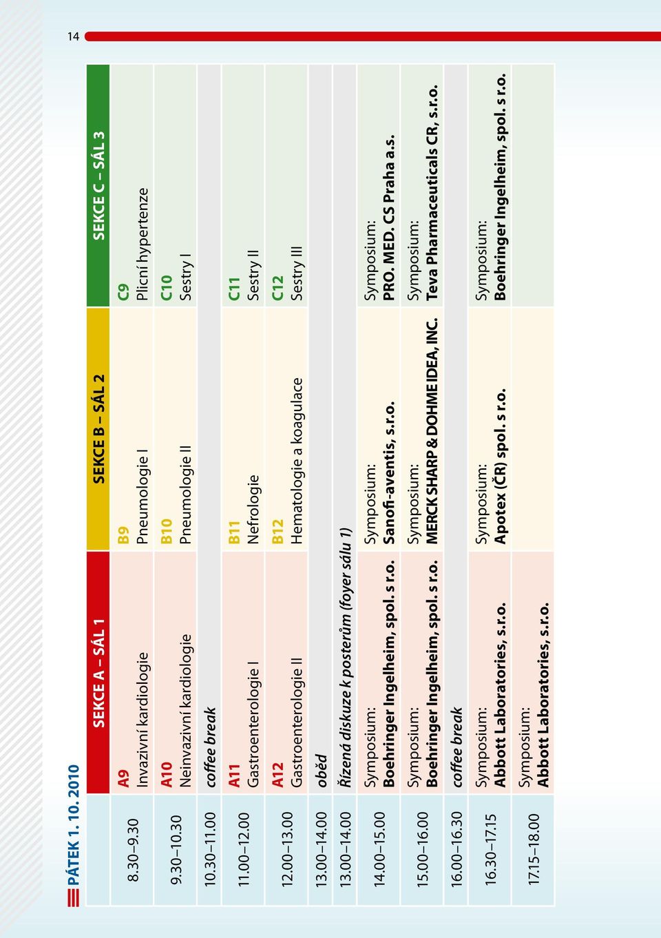 00 Symposium: Boehringer Ingelheim, spol. s r.o. Symposium: Boehringer Ingelheim, spol. s r.o. Symposium: Abbott Laboratories, s.r.o. Symposium: Abbott Laboratories, s.r.o. B9 Pneumologie I B10 Pneumologie II B11 Nefrologie B12 Hematologie a koagulace Symposium: Sanofi-aventis, s.