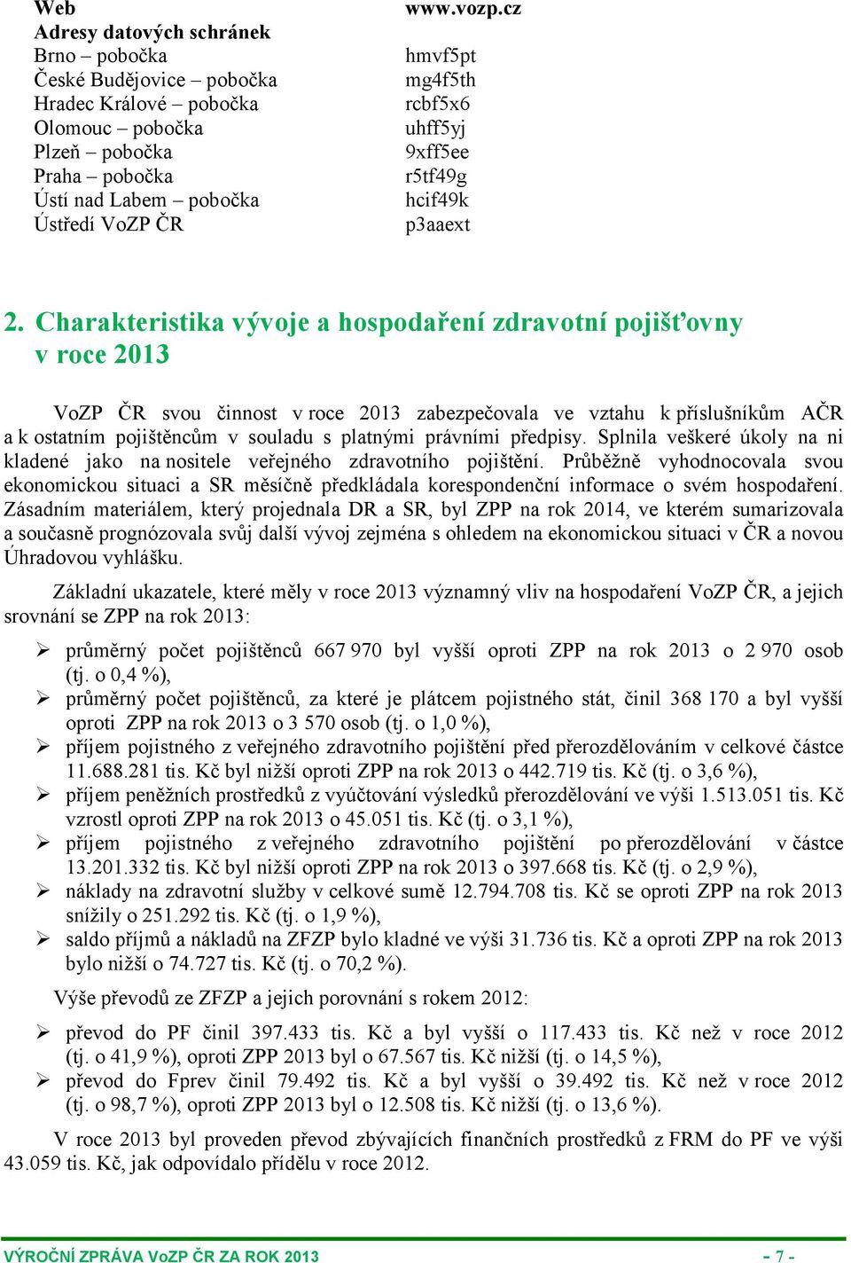 Charakteristika vývoje a hospodaření zdravotní pojišťovny v roce 2013 VoZP ČR svou činnost v roce 2013 zabezpečovala ve vztahu k příslušníkům AČR a k ostatním pojištěncům v souladu s platnými