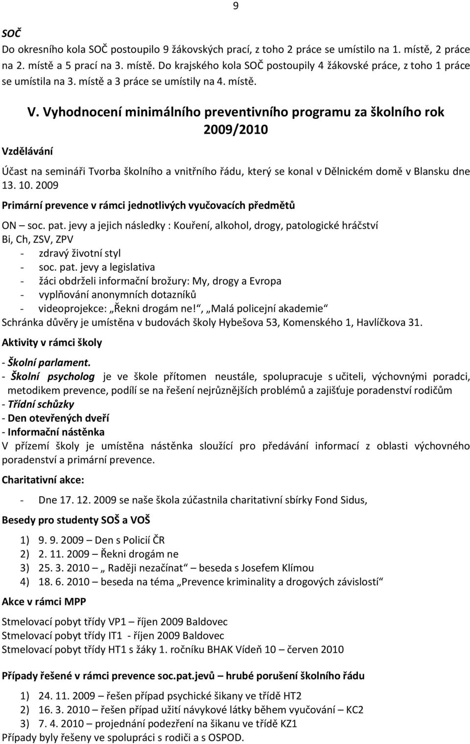 Vyhodnocení minimálního preventivního programu za školního rok 2009/2010 Vzdělávání Účast na semináři Tvorba školního a vnitřního řádu, který se konal v Dělnickém domě v Blansku dne 13. 10.