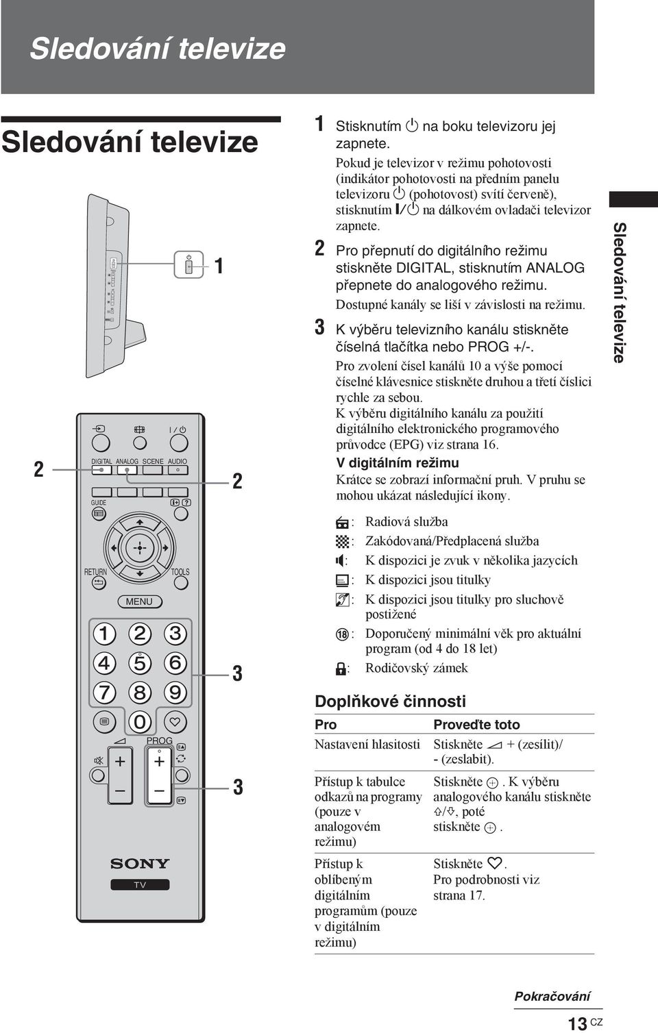 2 Pro přepnutí do digitálního režimu stiskněte DIGITAL, stisknutím ANALOG přepnete do analogového režimu. Dostupné kanály se liší v závislosti na režimu.