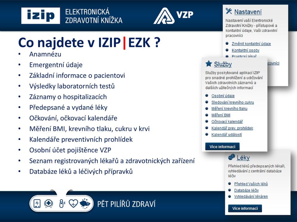 o hospitalizacích Předepsané a vydané léky Očkování, očkovací kalendáře Měření BMI, krevního