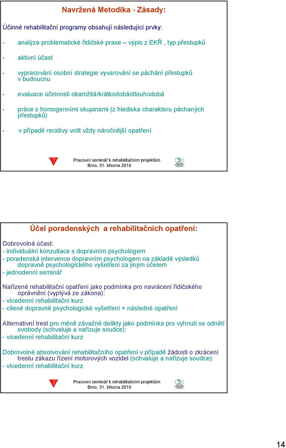 vždy náročnější opatření Účel poradenských a rehabilitačních opatření: Dobrovolná účast: - individuální konzultace s dopravním psychologem - poradenská intervence dopravním psychologem na základě