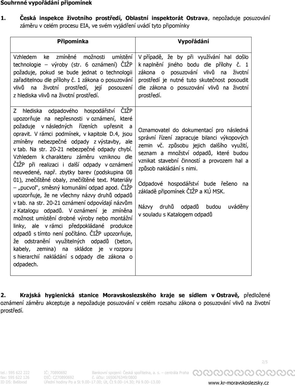 umístění technologie výroby (str. 6 oznámení) ČIŽP požaduje, pokud se bude jednat o technologii zařaditelnou dle přílohy č.