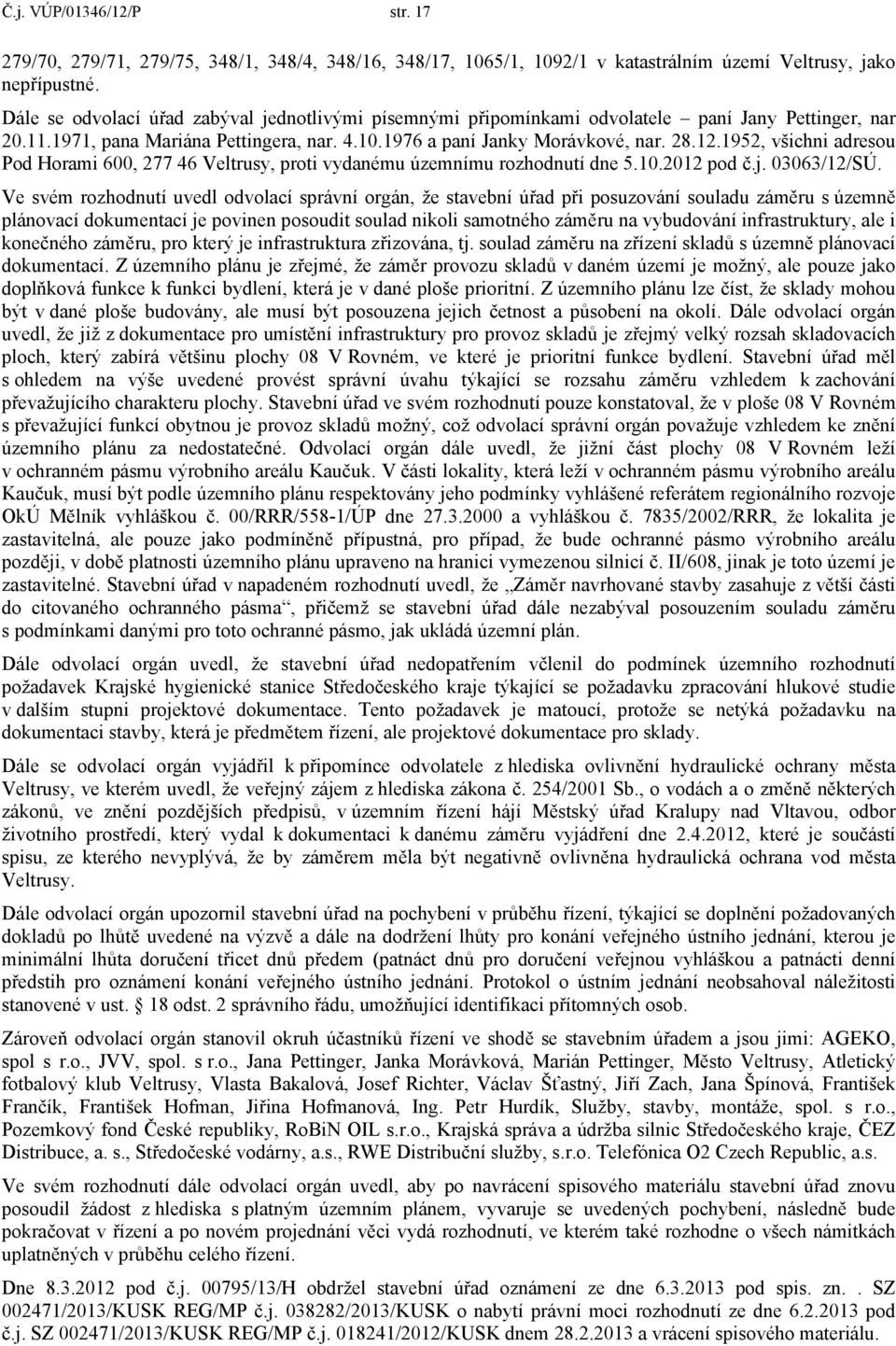 1952, všichni adresou Pod Horami 600, 277 46 Veltrusy, proti vydanému územnímu rozhodnutí dne 5.10.2012 pod č.j. 03063/12/SÚ.