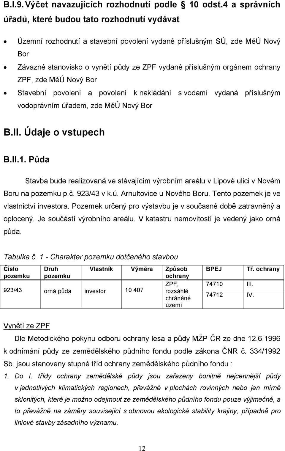 ochrany ZPF, zde MěÚ Nový Bor Stavební povolení a povolení k nakládání s vodami vydaná příslušným vodoprávním úřadem, zde MěÚ Nový Bor B.II. Údaje o vstupech B.II.1.