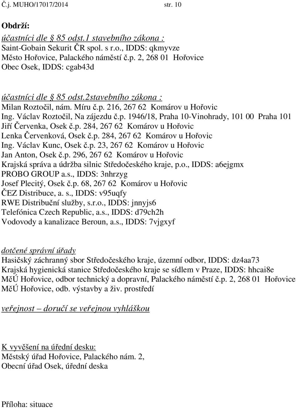 p. 284, 267 62 Komárov u Hořovic Ing. Václav Kunc, Osek č.p. 23, 267 62 Komárov u Hořovic Jan Anton, Osek č.p. 296, 267 62 Komárov u Hořovic Krajská správa a údržba silnic Středočeského kraje, p.o., IDDS: a6ejgmx PROBO GROUP a.