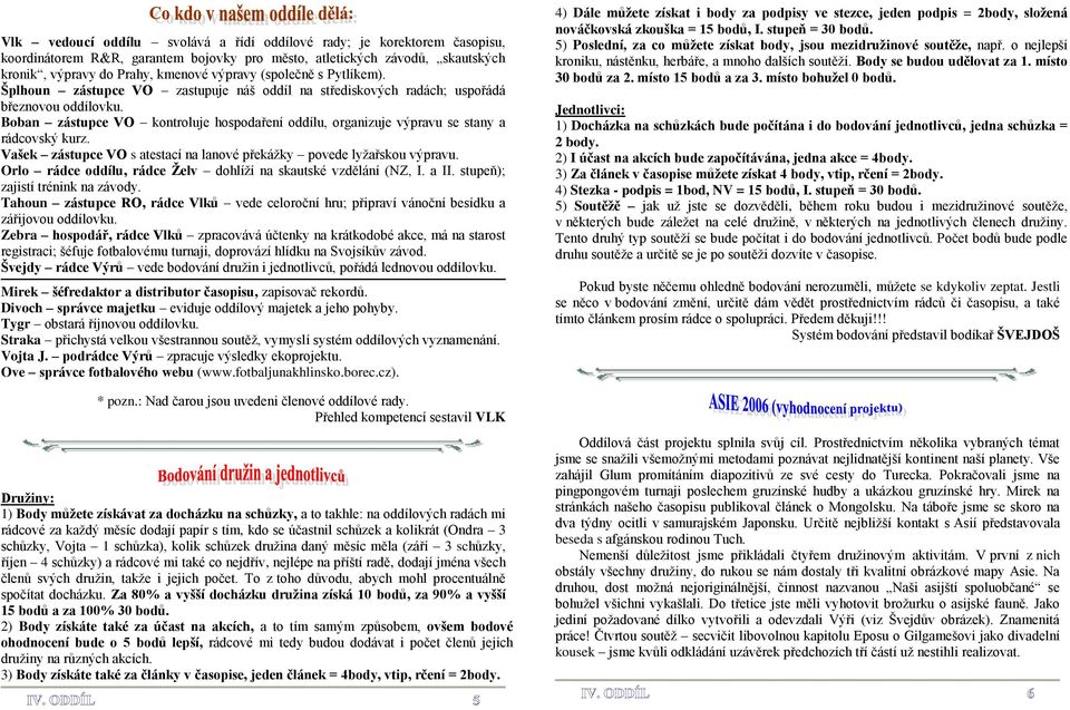 Boban zástupce VO kontroluje hospodaření oddílu, organizuje výpravu se stany a rádcovský kurz. Vašek zástupce VO s atestací na lanové překáţky povede lyţařskou výpravu.