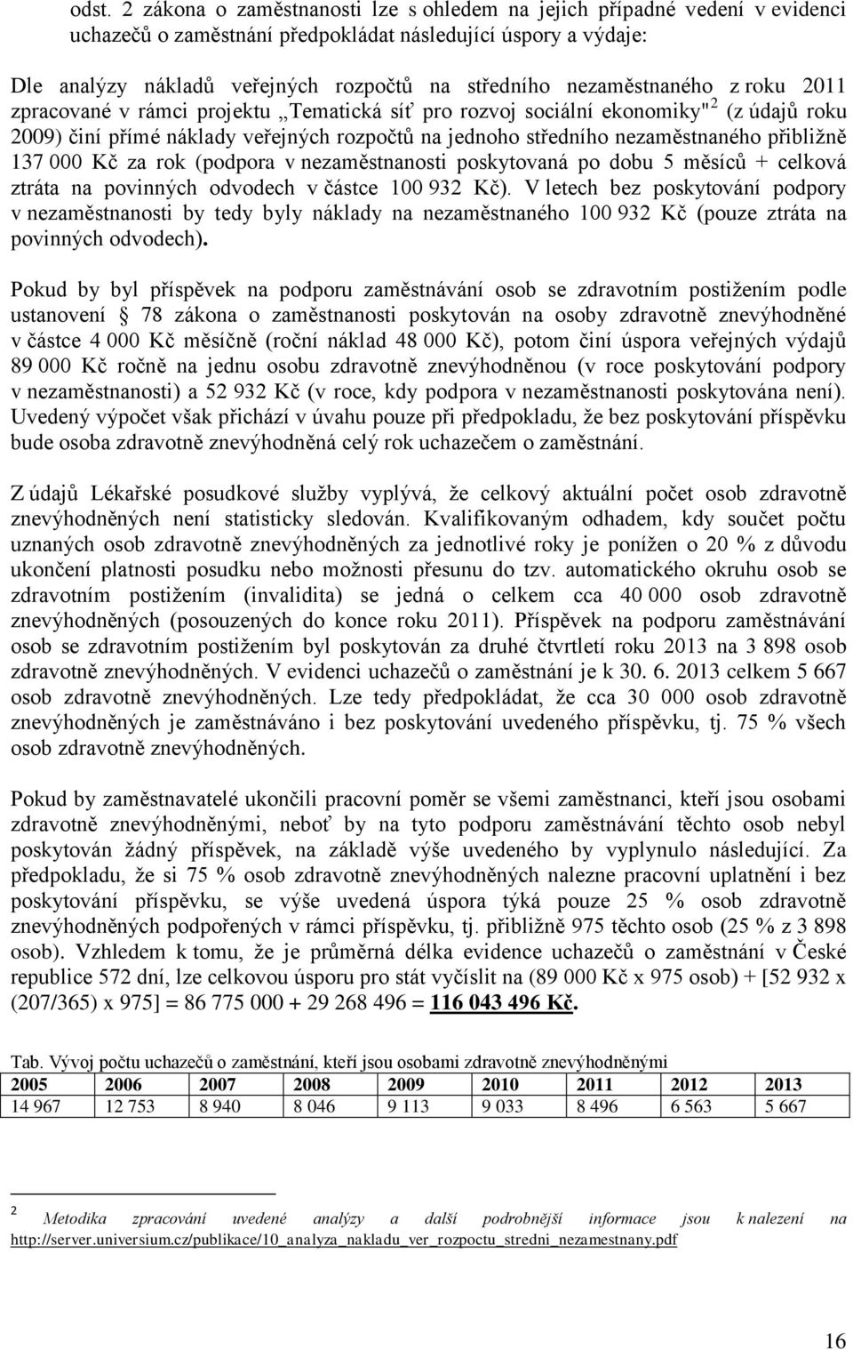 přibližně 137 000 Kč za rok (podpora v nezaměstnanosti poskytovaná po dobu 5 měsíců + celková ztráta na povinných odvodech v částce 100 932 Kč).