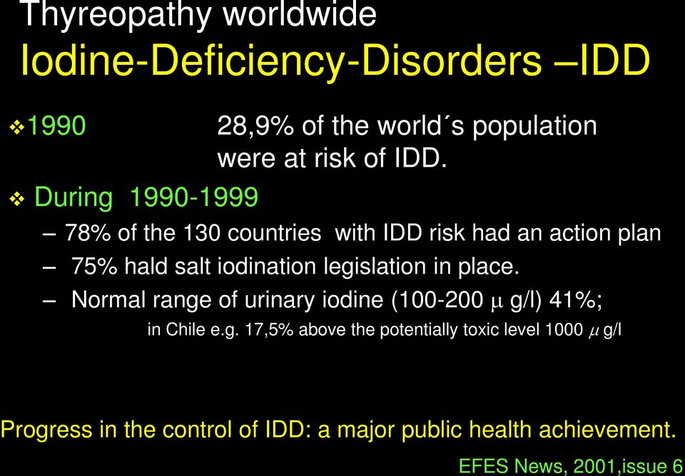 78% of the 130 countries with IDD risk had an action plan 75% hald salt iodination legislation in place.