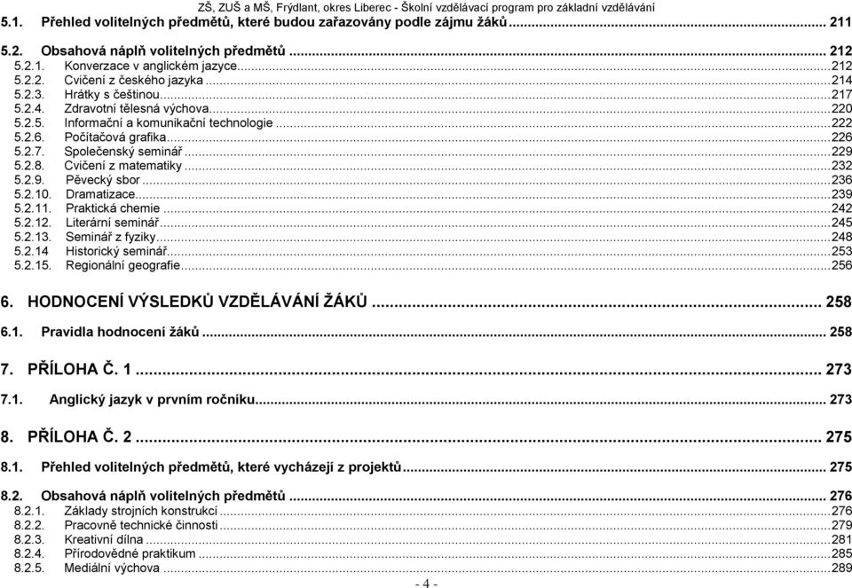 2.8. Cvičení z matematiky... 232 5.2.9. Pěvecký sbor... 236 5.2.10. Dramatizace... 239 5.2.11. Praktická chemie... 242 5.2.12. Literární seminář... 245 5.2.13. Seminář z fyziky... 248 5.2.14 Historický seminář.