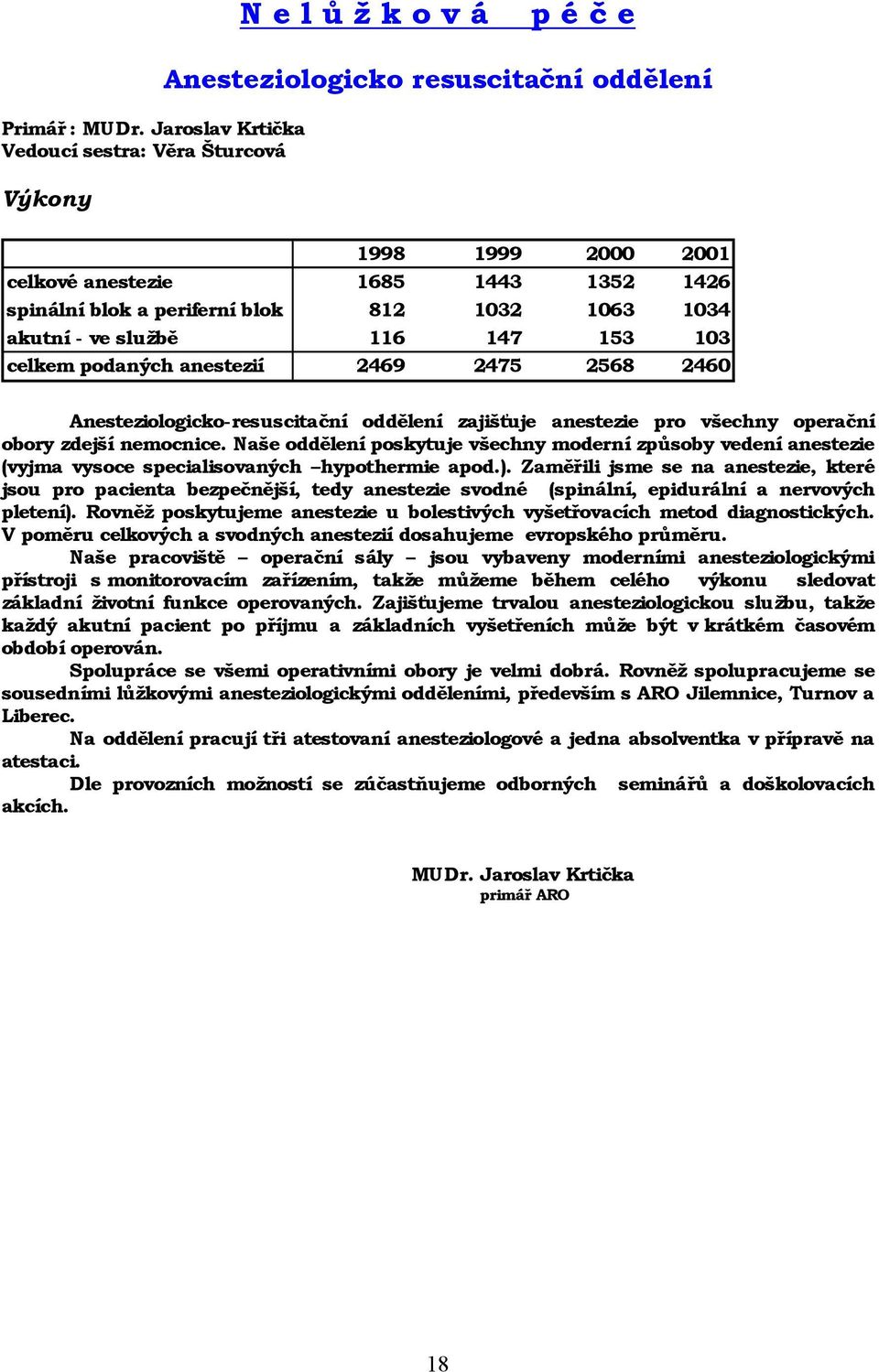 1034 akutní- ve službě 116 147 153 103 celkem podaných anestezií 2469 2475 2568 2460 Anesteziologicko-resuscitač ní oddě lení zajišťuje anestezie pro vš echny operač ní obory zdejšínemocnice.