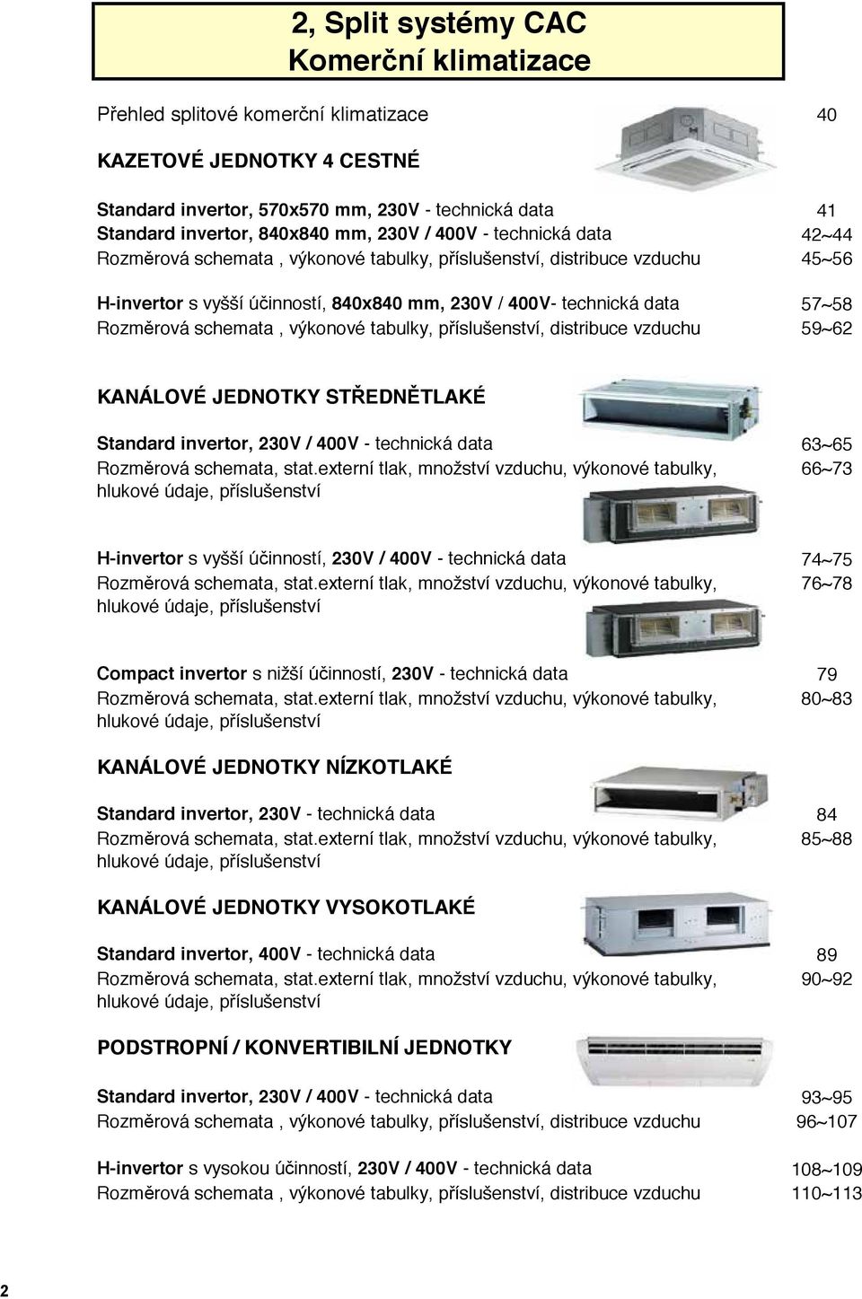 schemata, ové tabulky, příslušenství, distribuce vzduchu 59~62 KANÁLOVÉ JEDNOTKY STŘEDNĚTLAKÉ Standard invertor, 230V / 400V - technická data 63~65 Rozměrová schemata, stat.