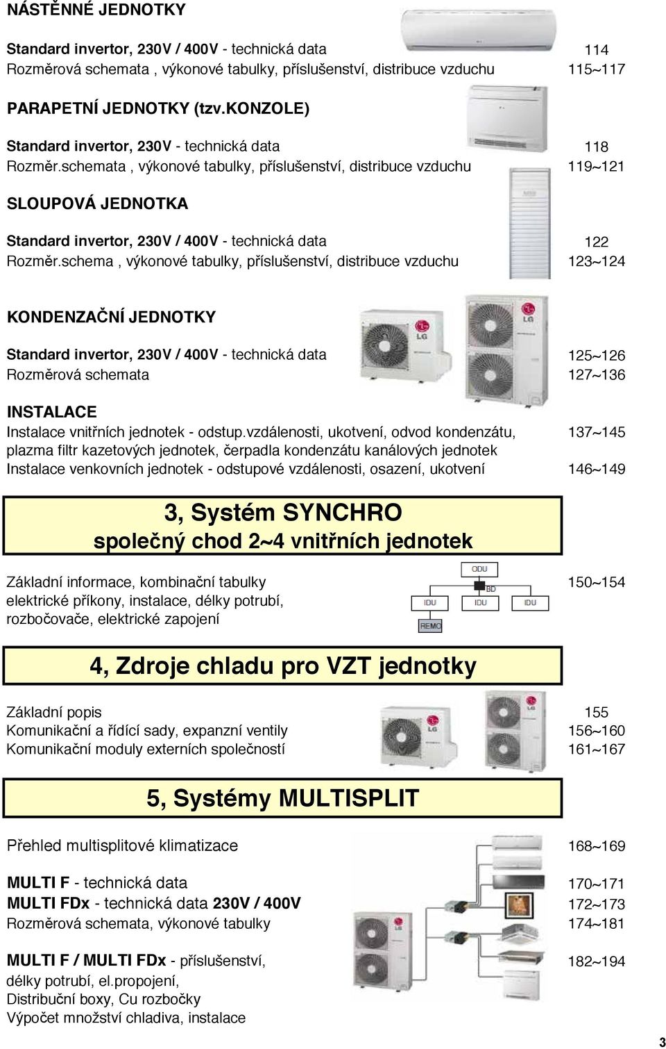 schemata, ové tabulky, příslušenství, distribuce vzduchu 119~121 SLOUPOVÁ JEDNOTKA Standard invertor, 230V / 400V - technická data 122 Rozměr.