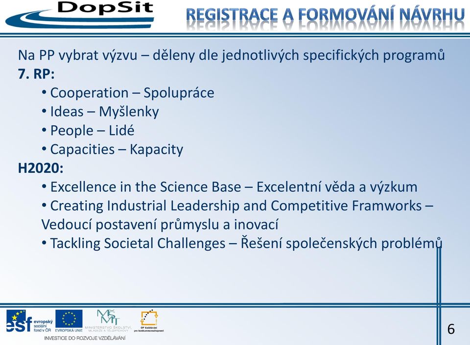 Excellence in the Science Base Excelentní věda a výzkum Creating Industrial Leadership