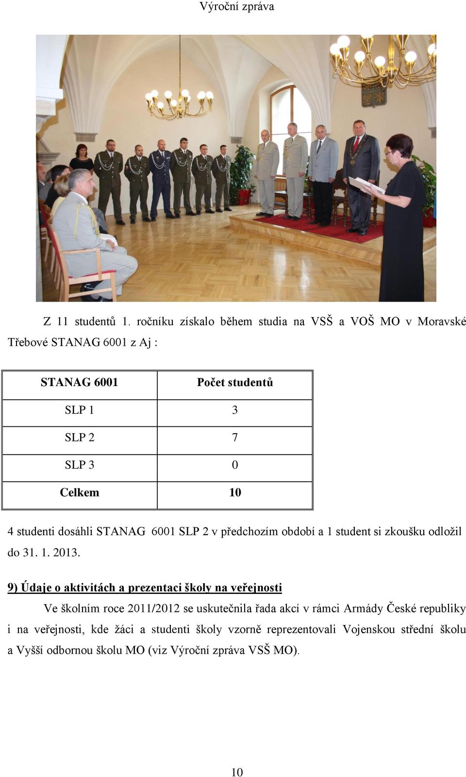 Celkem 10 4 studenti dosáhli STANAG 6001 SLP 2 v předchozím období a 1 student si zkoušku odložil do 31. 1. 2013.