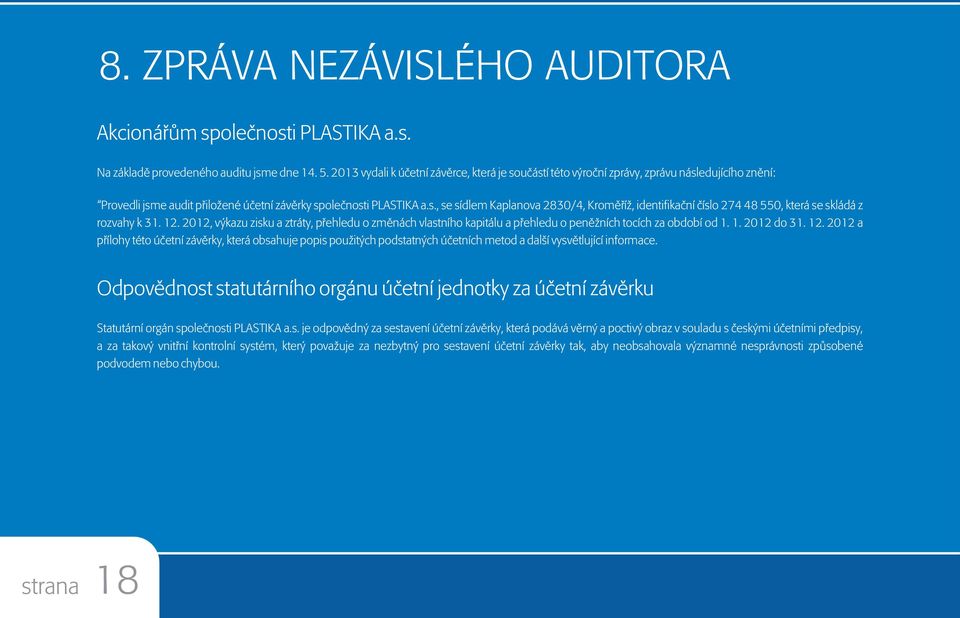 12. 2012, výkazu zisku a ztráty, pøehledu o zmìnách vlastního kapitálu a pøehledu o penìžních tocích za období od 1. 1. 2012 do 31. 12.