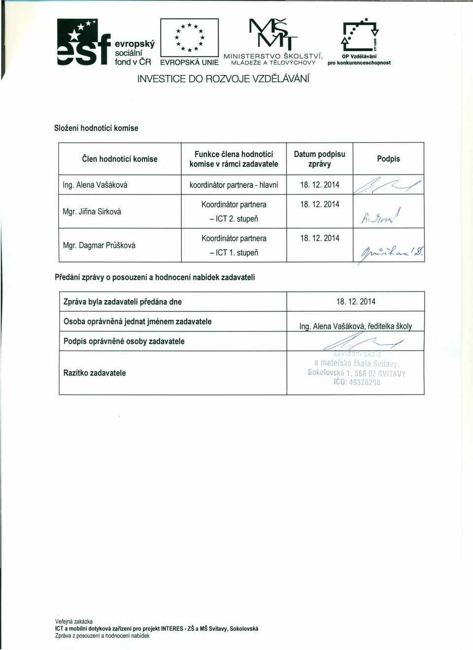 Alena Vašáková koordinátor partnera - hlavní 18.12.2014 L7~ Podpis Mgr. Jiřina Sirková Koordinátor partnera 18.12.2014 - ICT 2. stupeň ~cj;nj Mgr. Dagmar Průšková Koordinátor partnera 18.12.2014 - ICT 1.
