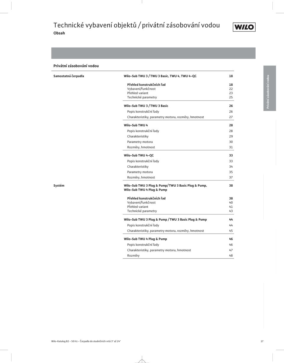 Rozměry, hmotnost 31 Wilo-Sub TWU 4-QC 33 Popis konstrukční řady 33 Charakteristiky 34 Parametry motoru 35 Rozměry, hmotnost 37 Systém Wilo-Sub TWU 3 Plug & Pump/ TWU 3 Basic Plug & Pump, 38 Wilo-Sub