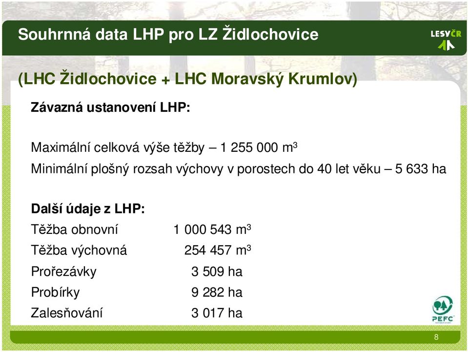 výchovy v porostech do 40 let věku 5 633 ha Další údaje z LHP: Těžba obnovní 1 000 543