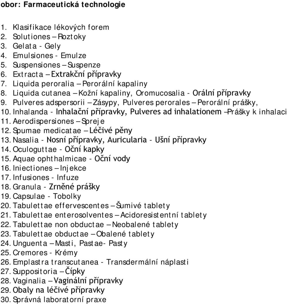 Inhalanda - Inhalační přípravky, Pulveres ad inhalationem Prášky k inhalaci 11. Aerodispersiones Spreje 12. Spumae medicatae Léčivé pěny 13. Nasalia - Nosní přípravky, Auricularia - Ušní přípravky 14.