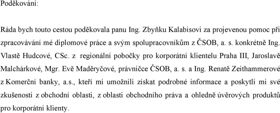 Vlastě Hudcové, CSc. z regionální pobočky pro korporátní klientelu Praha III, Jaroslavě Malchárkové, Mgr.