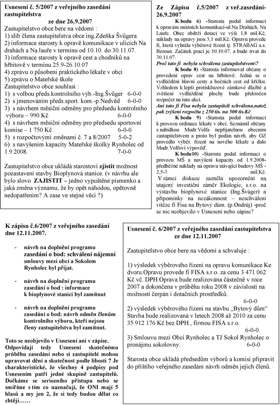 10.07 4) zprávu o působení praktického lékaře v obci 5) zprávu o Mateřské škole Zastupitelstvo obce souhlasí : 1) s volbou předs.kontrolního výb.-ing.švůger 6-0-0 2) s jmenováním předs.sport. kom.-p.