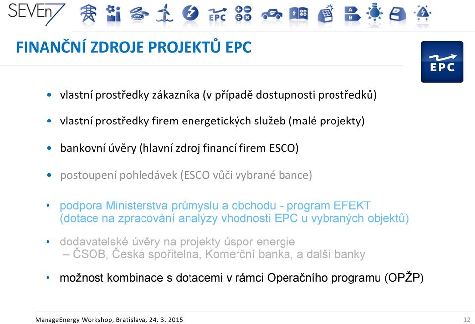 - program EFEKT (dotace na zpracování analýzy vhodnosti EPC u vybraných objektů) dodavatelské úvěry na projekty úspor energie ČSOB, Česká
