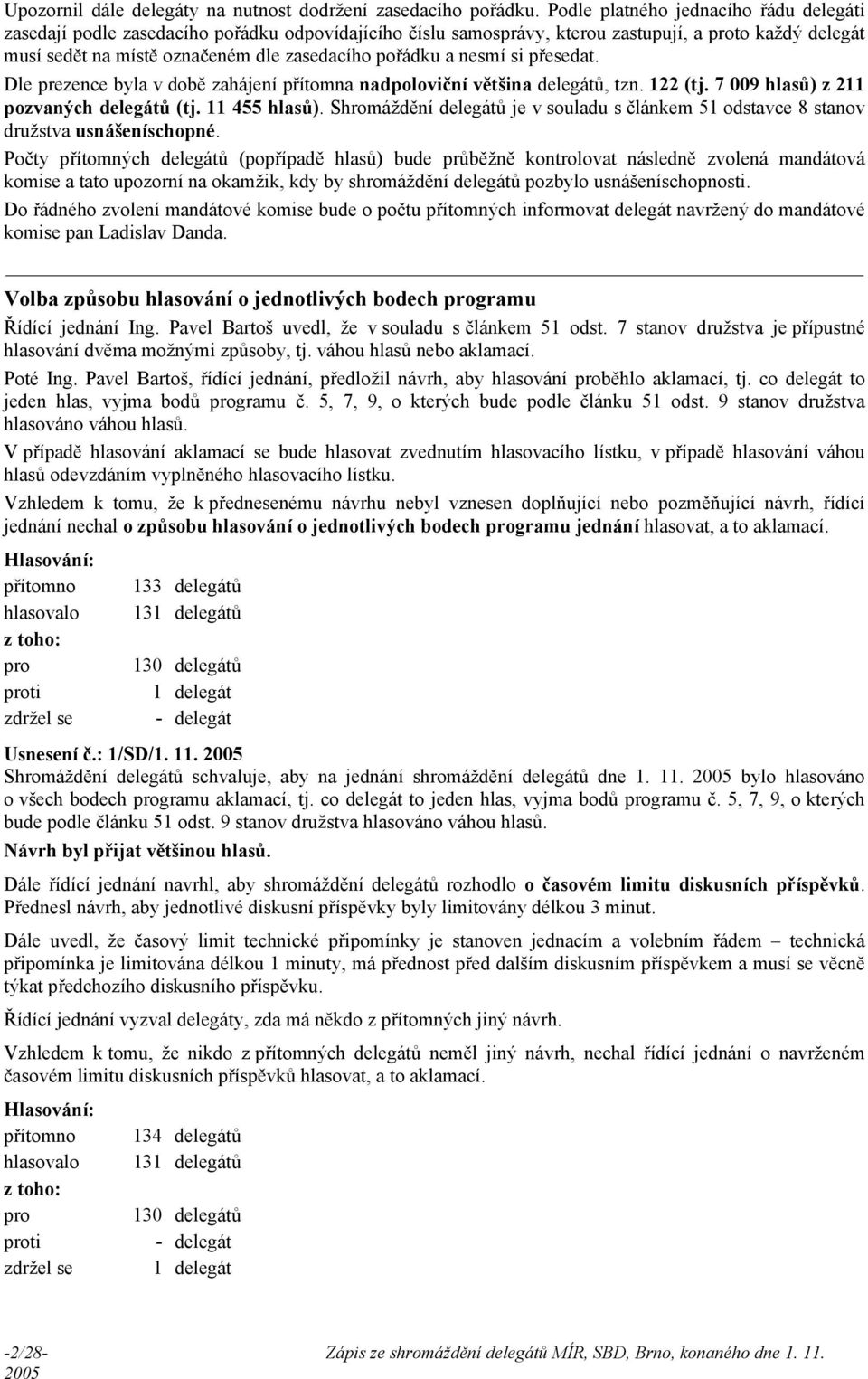 nesmí si přesedat. Dle prezence byla v době zahájení přítomna nadpoloviční většina delegátů, tzn. 122 (tj. 7 009 hlasů) z 211 pozvaných delegátů (tj. 11 455 hlasů).