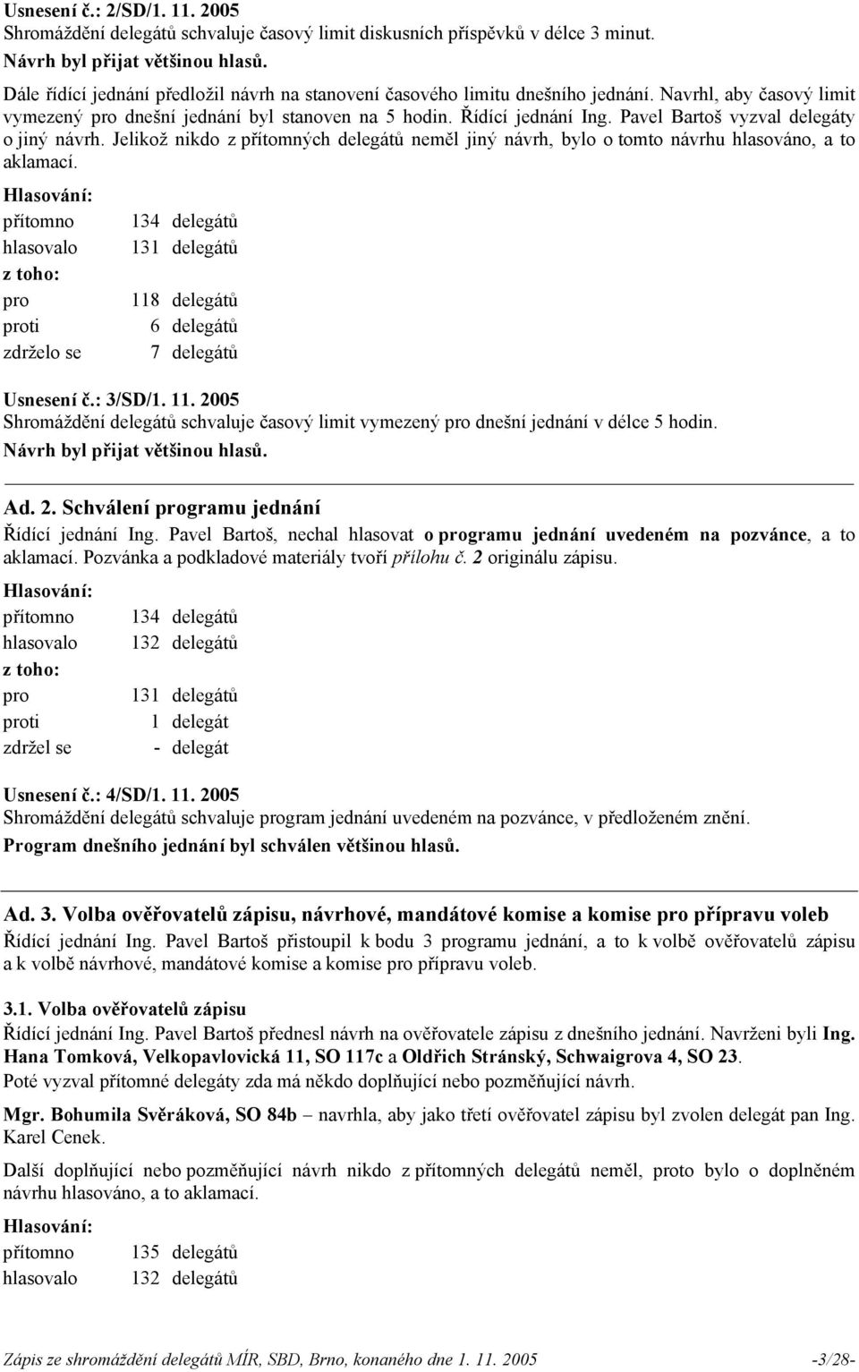 Pavel Bartoš vyzval delegáty o jiný návrh. Jelikož nikdo z přítomných delegátů neměl jiný návrh, bylo o tomto návrhu hlasováno, a to aklamací.