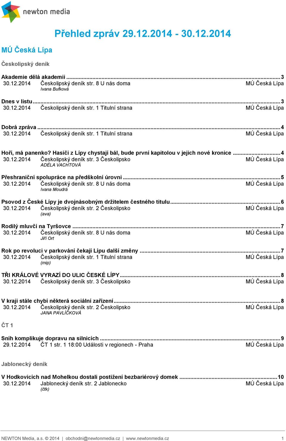 .. 5 30.12.2014 Českolipský deník str. 8 U nás doma MÚ Česká Lípa Ivana Moudrá Psovod z České Lípy je dvojnásobným držitelem čestného titulu... 6 30.12.2014 Českolipský deník str. 2 Českolipsko MÚ Česká Lípa (ava) Rodilý mluvčí na Tyršovce.