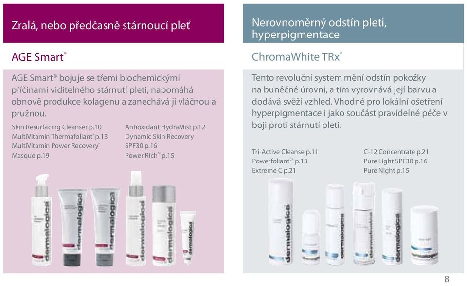 15 Nerovnoměrný odstín pleti, hyperpigmentace ChromaWhite TRx Tento revoluční system mění odstín pokožky na buněčné úrovni, a tím vyrovnává její barvu a dodává svěží vzhled.