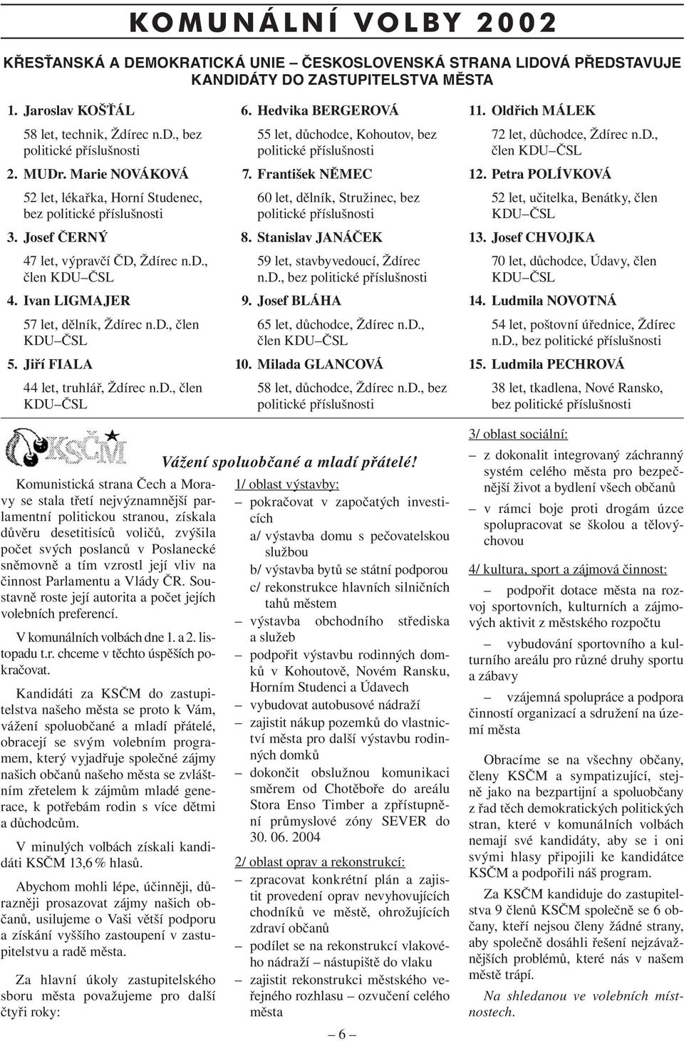 Jiří FIALA 44 let, truhlář, Ždírec n.d., člen KDU ČSL 6. Hedvika BERGEROVÁ 55 let, důchodce, Kohoutov, bez politické příslušnosti 7.