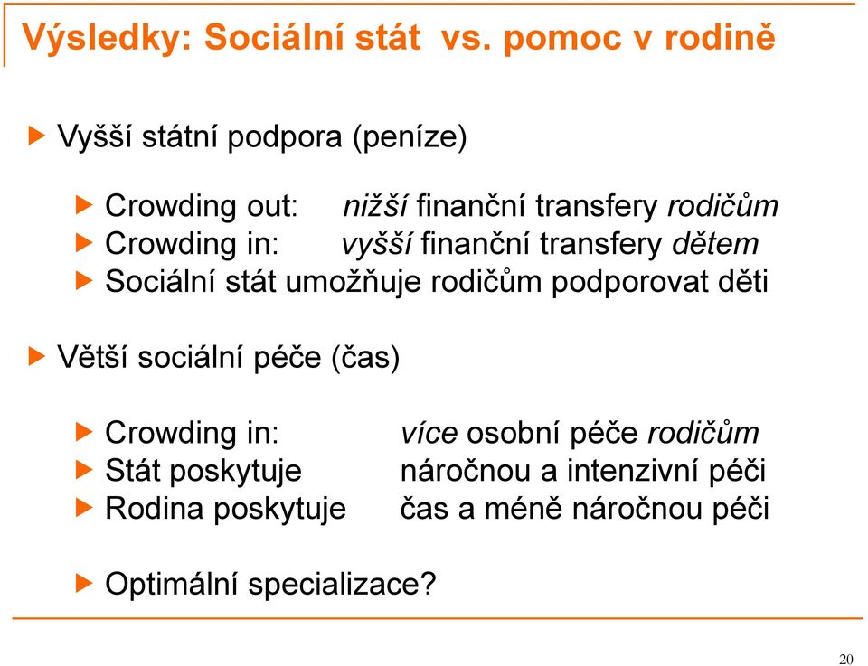 Crowding in: vyšší finanční transfery dětem Sociální stát umožňuje rodičům podporovat děti Větší