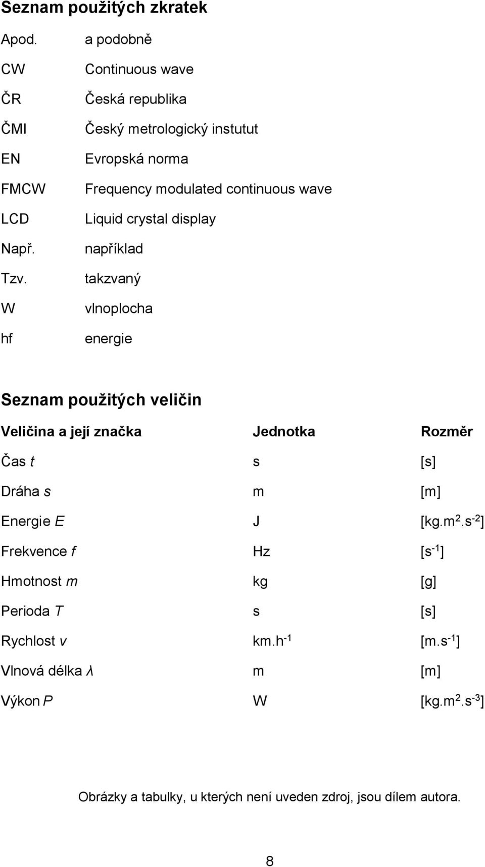 display například takzvaný vlnoplocha energie Seznam použitých veličin Veličina a její značka Jednotka Rozměr Čas t s [s] Dráha s m [m] Energi
