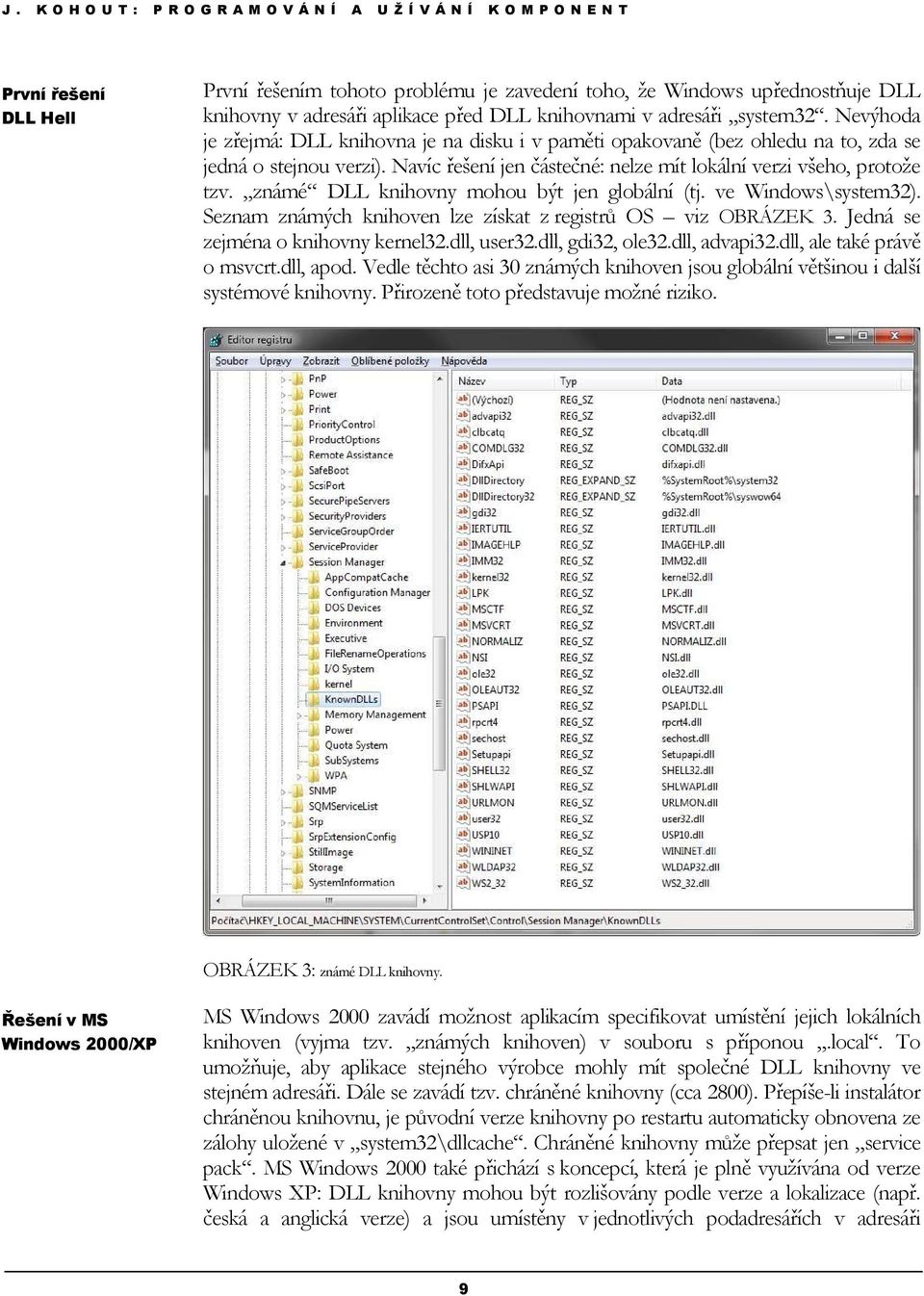 známé DLL knihovny mohou být jen globální (tj. ve Windows\system32). Seznam známých knihoven lze získat z registrů OS viz OBRÁZEK 3. Jedná se zejména o knihovny kernel32.dll, user32.dll, gdi32, ole32.