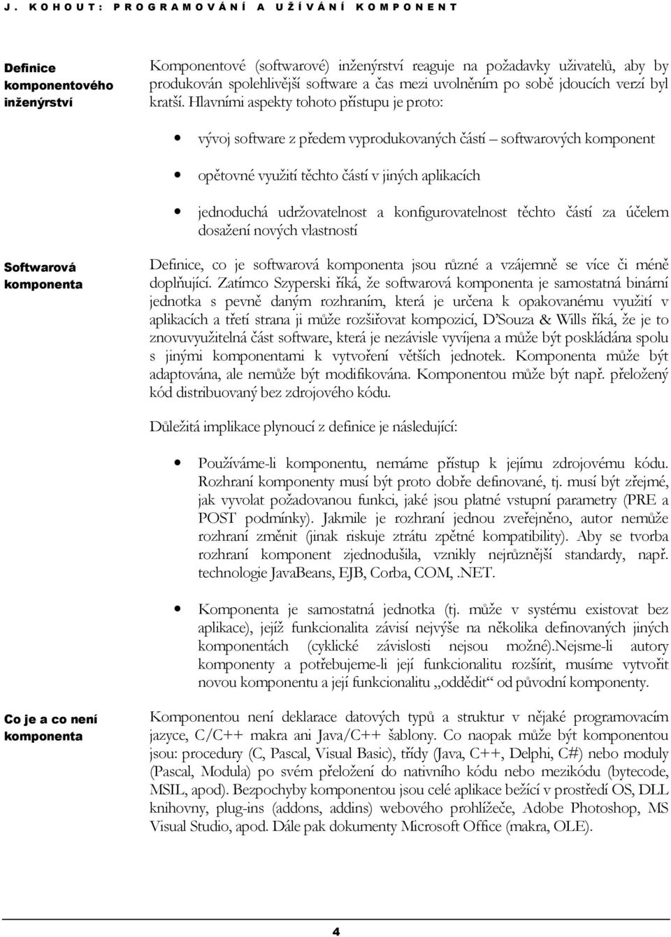 Hlavními aspekty tohoto přístupu je proto: vývoj software z předem vyprodukovaných částí softwarových komponent opětovné využití těchto částí v jiných aplikacích jednoduchá udržovatelnost a