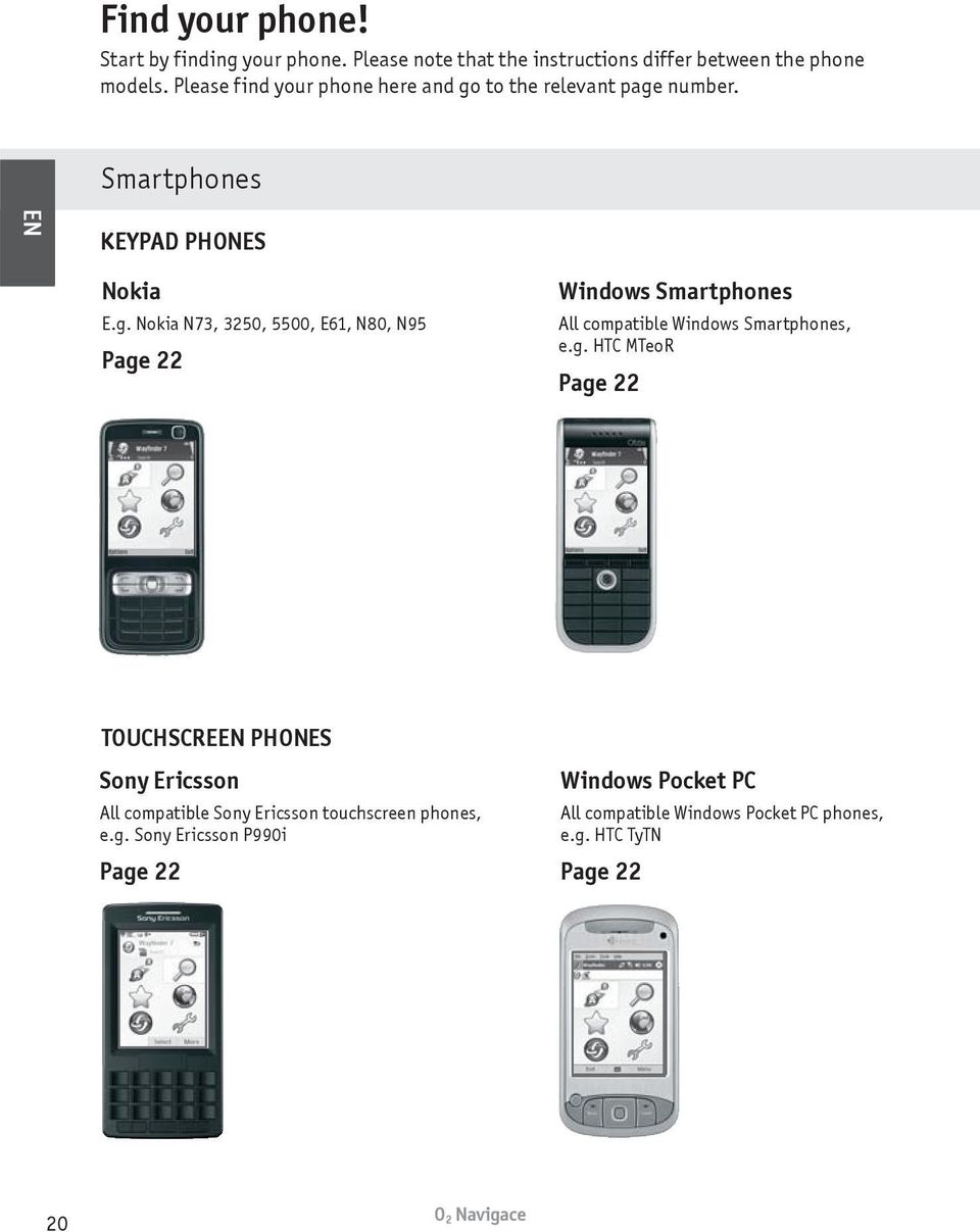 to the relevant page number. Smartphones EN KEYPAD PHONES Nokia E.g. Nokia N73, 3250, 5500, E61, N80, N95 Page 22 Windows Smartphones All compatible Windows Smartphones, e.