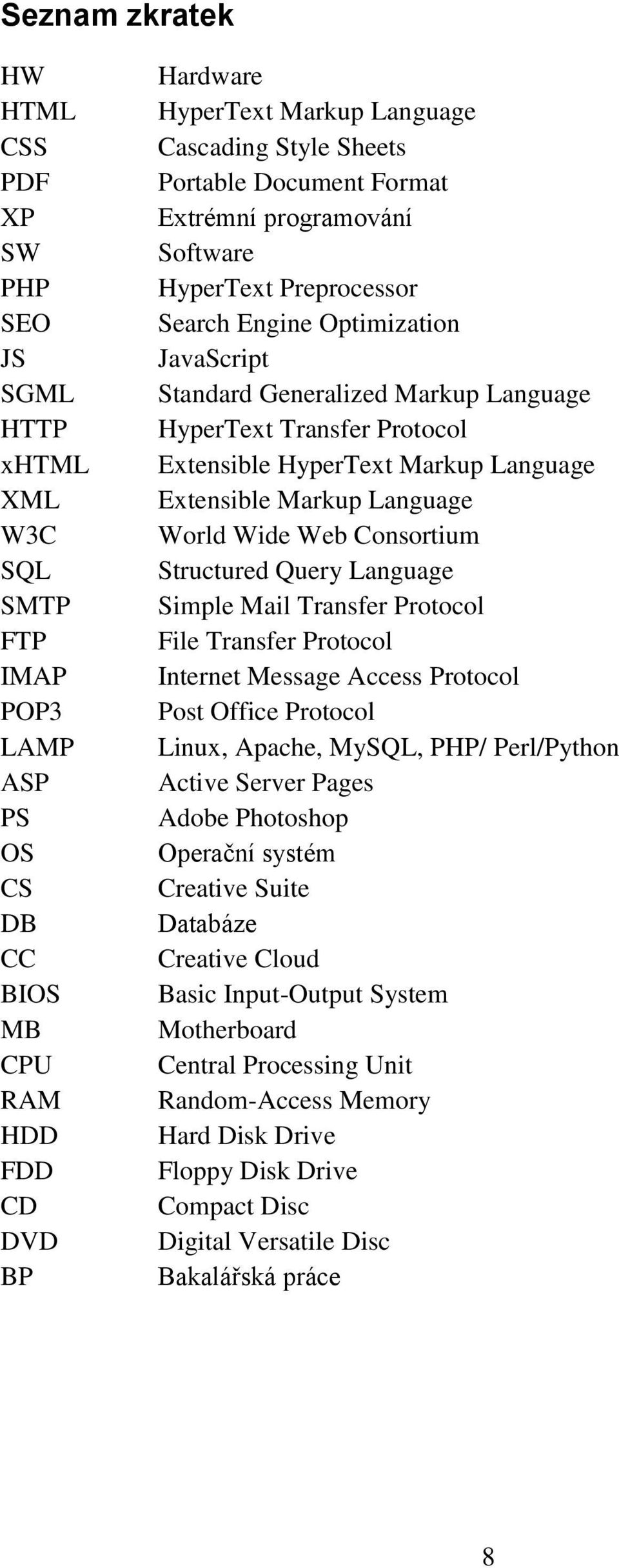 Extensible HyperText Markup Language Extensible Markup Language World Wide Web Consortium Structured Query Language Simple Mail Transfer Protocol File Transfer Protocol Internet Message Access